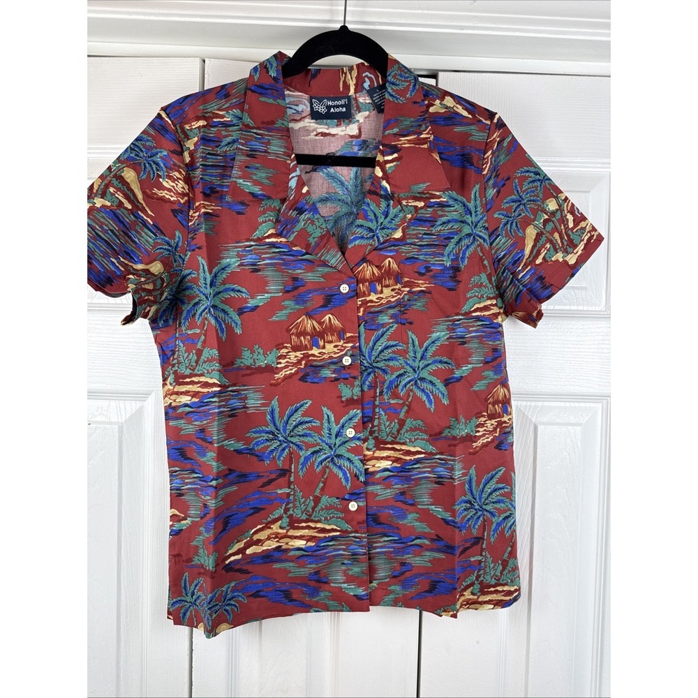 Honoli'i Aloha Hawaiian Palm Trees Tropical Women's Button Up Size Large‎